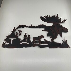 Rustic Metal Moose Wall Art Forest Scene 3-Panel Folding Cabin Lodge Decor
